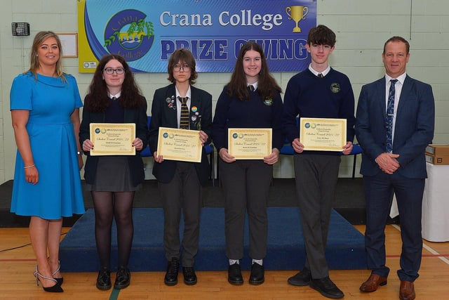 Crana College Student Council members Méabh McConalogue, Agneta Pavilone, Róisín Doyle and Conor McShane pictured at the annual Prize Giving on Friday afternoon last with Ms Clare Bradley (BOM), and Mr Kevin Cooley principal. Photo: George Sweeney DER2246GS - 94