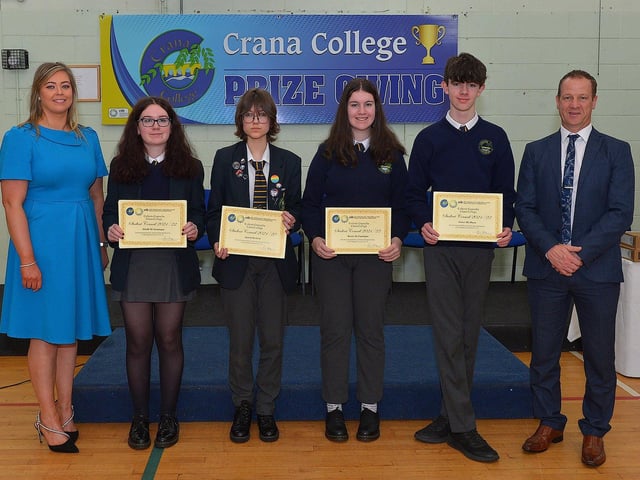 Crana College Student Council members Méabh McConalogue, Agneta Pavilone, Róisín Doyle and Conor McShane pictured at the annual Prize Giving on Friday afternoon last with Ms Clare Bradley (BOM), and Mr Kevin Cooley principal. Photo: George Sweeney DER2246GS - 94