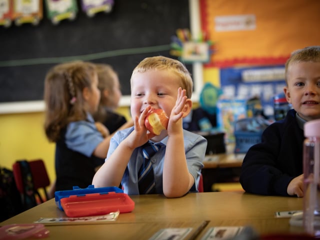 Primary 1 pupil Aodhan tucks into his apple at breaktime in Mrs. Harkin's class at Hollybush PS.