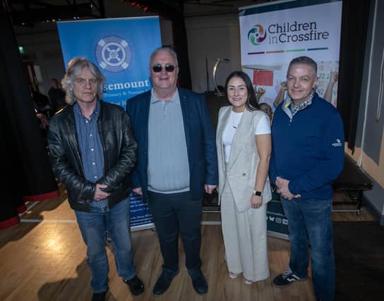 Group pictured at Rosemount Primary School on Monday evening for the Inaugural Children in Crossfire Peacebuilding Lecture with Richard Moore, a former pupil of the school. Included are Damien Gorman, Children in Crossfire, Aoife Meenan, Acting Principal, Rosemount PS and Stephen Orr, Chair, Board of Governors, Rosemount PS. (Photos Jim McCafferty Photography)