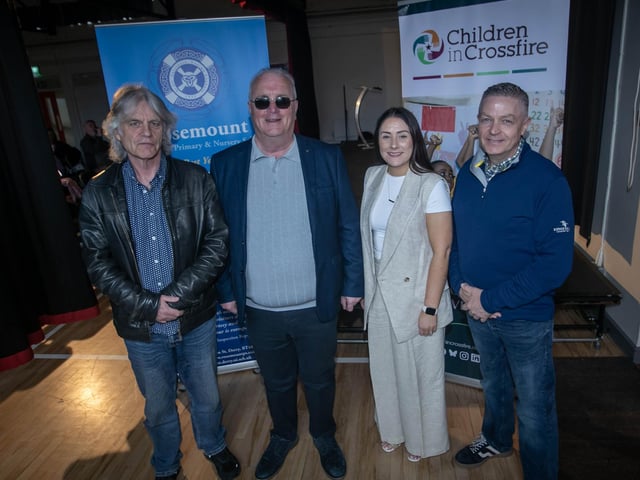 Group pictured at Rosemount Primary School on Monday evening for the Inaugural Children in Crossfire Peacebuilding Lecture with Richard Moore, a former pupil of the school. Included are Damien Gorman, Children in Crossfire, Aoife Meenan, Acting Principal, Rosemount PS and Stephen Orr, Chair, Board of Governors, Rosemount PS. (Photos Jim McCafferty Photography)