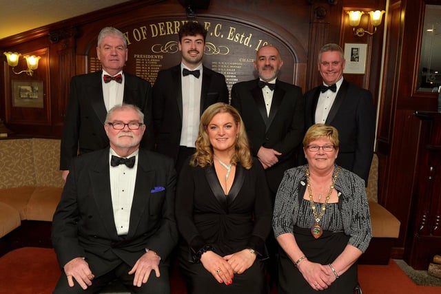 Pictured at the City of Derry Rugby Club’s annual dinner on Friday evening last are standing (L-R) A. McGowan, USRFR, Alex McDonnell, captain City of Derry RFC, Neil Workman, Ulster Branch IRFU, and B. Doherty, Senior Vice President, City of Derry RFC.  Seated are Jim Neilly MBE, Guest Speaker and BBC Sports Commentator, Diane Nixon, City of Derry RFC President and Deputy Mayor Angela Dobbins. Photo: George Sweeney. DER2310GS – 39