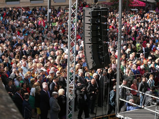 A packed Guildhall Square listening to President of Ireland, Michael D. Higgins' address on Sunday afternoon. DER3313JM022