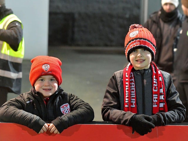 Derry City fans at the Ryan McBride Brandywell Stadium for the game against Dundalk on Friday evening last. Photo: George Sweeney. DER2310GS – 037