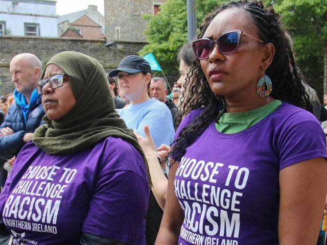 Former Mayor of Derry Lilian Seenoi-Barr at the Unite Against Hate rally - Guildhall Square on Saturday. (Photo - Deirdre Heaney, nwpresspics)