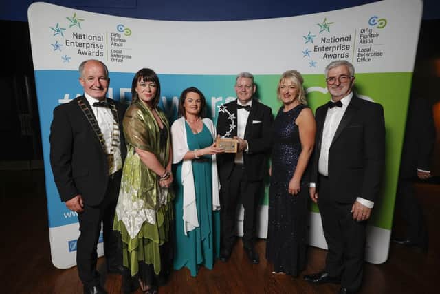 Pictured at the National Enterprise Awards are (l-r): Cathaoirleach of Donegal County Council, Cllr. Liam Blaney, Grace Korbel, Assistant Head of Enterprise, Marina and Patrick McLaughlin, Brenda Hegarty, Head of Enterprise, Donegal, and Chief Executive of Donegal County Council, John McLaughlin. National Enterprise Awards 2023. Picture Conor McCabe Photography.