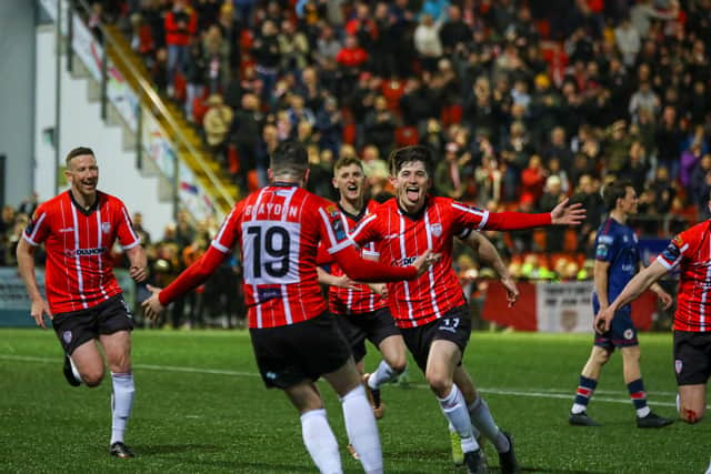 Derry City striker Colm Whelan celebrates scoring on his Brandywell debut against St Pat's. Photo by Kevin Moore