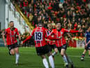 Derry City striker Colm Whelan celebrates scoring on his Brandywell debut against St Pat's. Photo by Kevin Moore