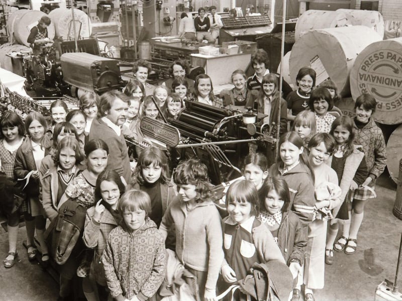 Schoolchildren visiting the  Derry Journal print press.