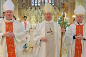 Auxiliary Bishop Michael Router of Armagh, Archbishop Eamon Martin, Archbishop of Armagh and Primate of All Ireland, and His Excellency Archbishop Luis Mariano Montemayor, Apostolic Nuncio to Ireland, in Saint Patrick's Cathedral, Armagh, for Mass to launch Jubilee Year 2025 in the Archdiocese of Armagh. (Catholic Communications Office archive)