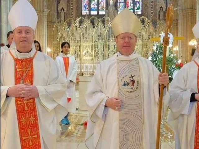Auxiliary Bishop Michael Router of Armagh, Archbishop Eamon Martin, Archbishop of Armagh and Primate of All Ireland, and His Excellency Archbishop Luis Mariano Montemayor, Apostolic Nuncio to Ireland, in Saint Patrick's Cathedral, Armagh, for Mass to launch Jubilee Year 2025 in the Archdiocese of Armagh. (Catholic Communications Office archive)