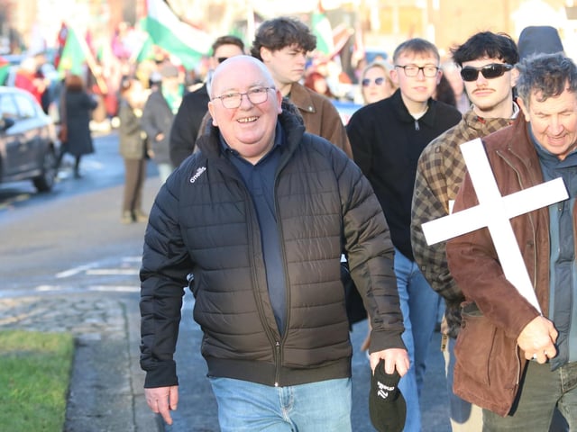 Damien "Bubbles" Donaghey, one of the wounded on Bloody Sunday in 1972, at the "Unfinished Business March for Justice". (Photo - Tom Heaney, nwpresspics)