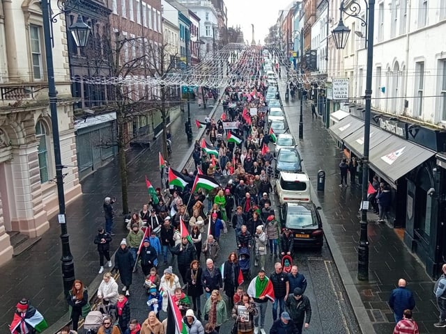 Thousands participate in Derry rally for Palestine calling for a ceasefire in Gaza on January 13, 2024
