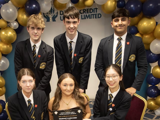 Derry Credit Union's Young People's Awards 2025 nominees Student Leadership Team from Lumen Christi being presented with their certificate by Lauren McBrearty, Youth Committee, on Monday night.