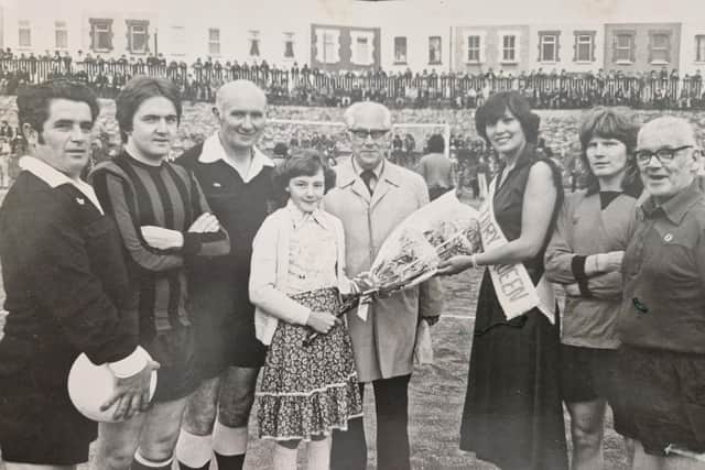Players, officials and special guests at the 1979 Bull Park 7s  final between Crusaders and Maydown.