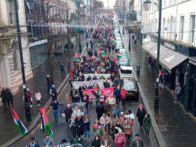 Thousands participate in Derry rally for Palestine calling for a ceasefire in Gaza on January 13, 2024