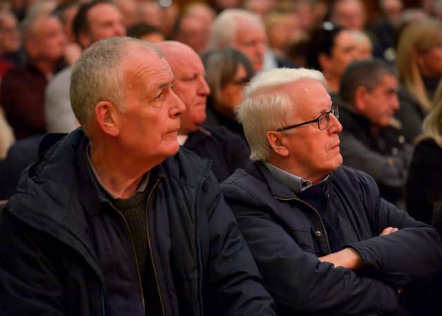 Gerry Duddy and John Kelly pictured at the Annual Bloody Sunday Lecture, delivered by Sinn Fein President Mary Lou McDonald, in the Guildhall on Friday evening. Photo: George Sweeney. DER2305GS – 136