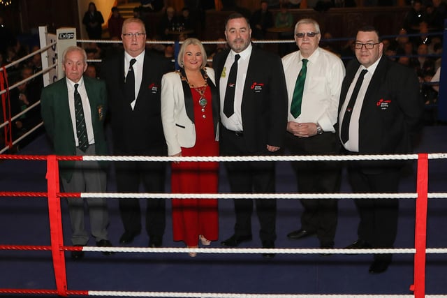 Mayor Sandra Duffy with her husband, Kevin, President of the Ulster Boxing Council. Included, from right, are Peter O'Donnell, Jim Knox, and from right, James McCarron, Donegal County Board, and Eugene Duffy, President Co. Derry Boxing Board. (Photo - Tom Heaney, nwpresspics)
