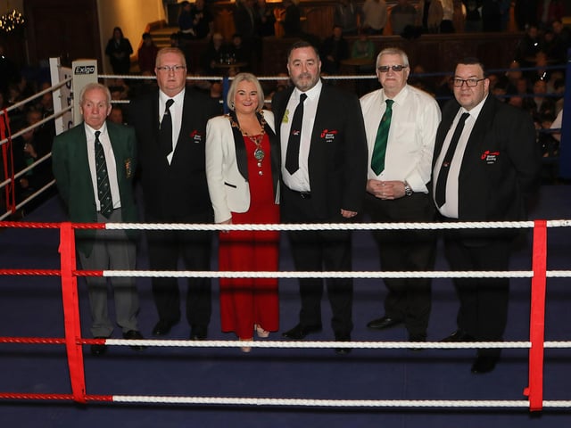 Mayor Sandra Duffy with her husband, Kevin, President of the Ulster Boxing Council. Included, from right, are Peter O'Donnell, Jim Knox, and from right, James McCarron, Donegal County Board, and Eugene Duffy, President Co. Derry Boxing Board. (Photo - Tom Heaney, nwpresspics)