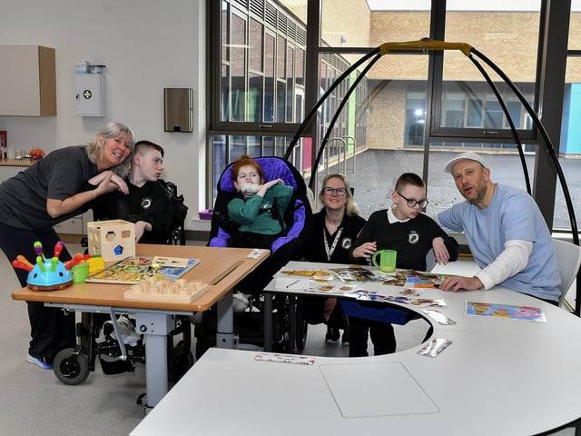 Year 9 pupils and staff at the newly opened Ardnashee School and College Northland Academy, on Northland Road, on Monday morning. Photo: George Sweeney