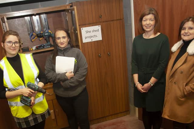 Housing Executive Neighbourhood Officer Deidre Casey (right) pictured at the SheShed in the 4Rs Recycling Centre, Pennyburn, Derry on Wednesday afternoon with from left, RAchel Burnes, volunteer, Georgina Lavey, Co-Ordinator, SheShed and Tara McKinney, manager, 4Rs REcyling Centre.