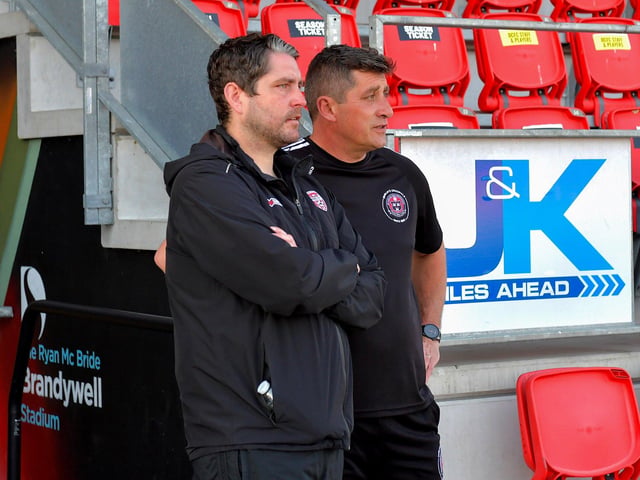 Derry City manager Ruaidhri Higgins alongside Declan Devine, manager of Bohemian, at the Brandywell on Friday evening. Photo: George Sweeney. DER2322GS – 145