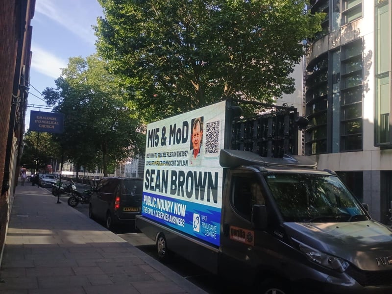 A billboard drawing attention to the Sean Brown campaign has been circulating in central London this week.