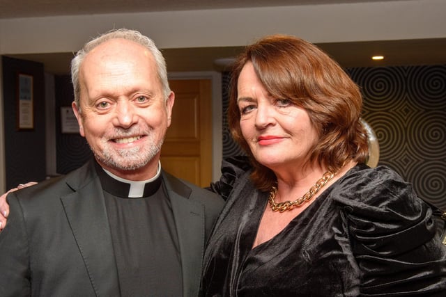 Fr. Eugene O’Hagan and Deoborah Fields pictured at Londonderry Musical Society’s 60th Anniversary dinner in the White Horse Hotel. Picture Martin McKeown. 14.01.23