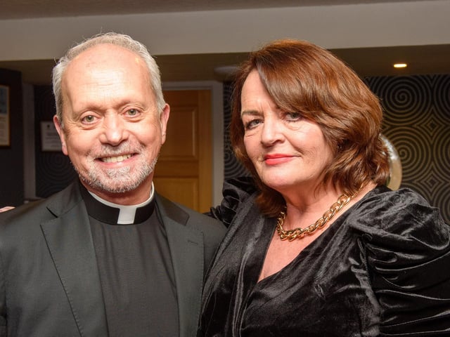 Fr. Eugene O’Hagan and Deoborah Fields pictured at Londonderry Musical Society’s 60th Anniversary dinner in the White Horse Hotel. Picture Martin McKeown. 14.01.23