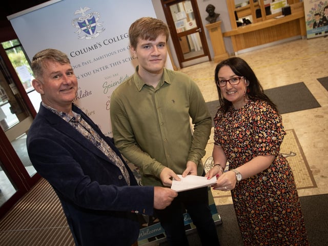 St. Columb's College student Christian Kelly being congratulated by Mr. Keys (Vice Principal) and Mrs. McLaughlin (Principal) on achieving 2A*s and 2As in his A Levels at the school on Thursday morning. (Photos: Jim McCafferty Photography)