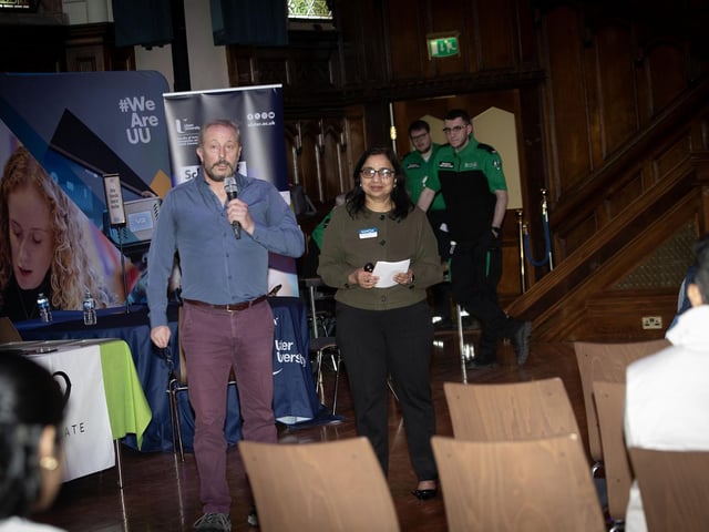 Dr. William Smyth, Phd., School of Computing, Engineering and Intelligent Systems, addressing the attendance at Saturday's NI Maths Fest event. Included is Dr. Sumeeta Gupta, event organiser. : .