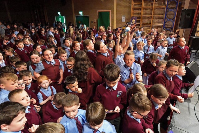 Pupils at St John’s Primary School loved the performance from the Jive Aces on Thursday afternoon. Photo: George Sweeney.  DER2317GS – 34