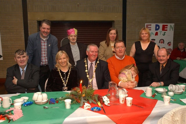 The Mayor of Derry Councillor Shaun Gallagher enjoying the Pilots Row Senior Citizens Christmas party with, seated from left, Councillor Jim Clifford, Mayoress Majella Gallagher, Pat Ramsey, and Councillor Sean Carr. Standing, from left, Councillor Peter Anderson, David Wray, Chris Ramsey, and Marie Carr. (0912PG20)                            :Christmas parties for Derry's senior citizens in December 2003