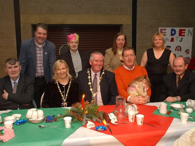 The Mayor of Derry Councillor Shaun Gallagher enjoying the Pilots Row Senior Citizens Christmas party with, seated from left, Councillor Jim Clifford, Mayoress Majella Gallagher, Pat Ramsey, and Councillor Sean Carr. Standing, from left, Councillor Peter Anderson, David Wray, Chris Ramsey, and Marie Carr. (0912PG20) :Christmas parties for Derry's senior citizens in December 2003