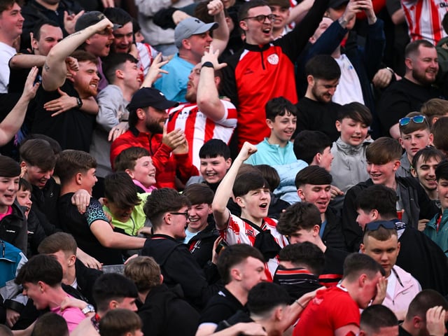 Derry City supporters celebrate after James Clarke of Derry City scores his side's first goal during the SSE Airtricity Men's Premier Division match between Derry City and Shamrock Rovers at Find Insurance Celtic Park in Derry. Photo by Ramsey Cardy/Sportsfile