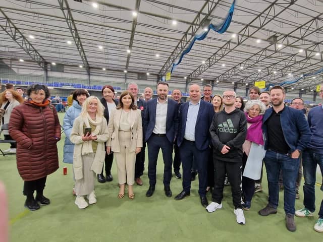 Colum Eastwood with his SDLP colleagues pictured at the count centre in Magherafelt.