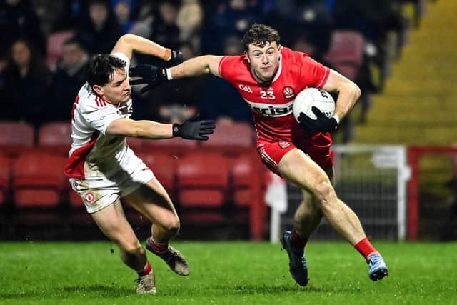 Lachlan Murray takes on in action against Joey Clarke of Tyrone during the Allianz Football League Division 2 match between Derry and Tyrone at Celtic Park in Derry. Photo by Oliver McVeigh/Sportsfile