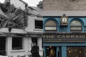 On the left,  in 1973 “The Railway Bar” on the Strand Road was bombed by the IRA. On right the Carraig Bar nowadays.