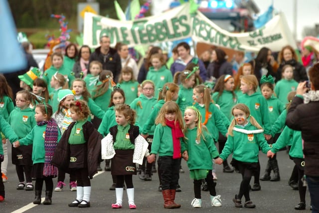 Children from the Sheila McLaughlin School of Dance brighten up Sunday's St Patrick's Day parade in Moville. (1903PG41)