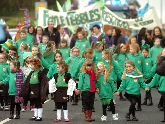 Children from the Sheila McLaughlin School of Dance brighten up Sunday's St Patrick's Day parade in Moville. (1903PG41)