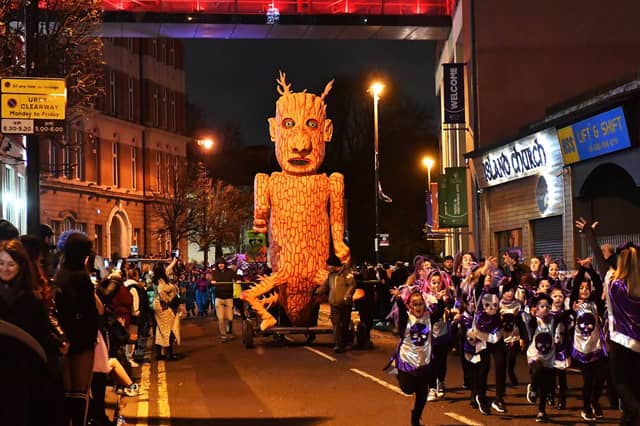The ‘Carnival of the Dead’ Halloween parade makes its way along Strand Road. Photo: George Sweeney