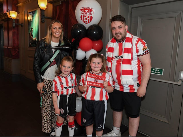 Derry City fans pictured at the Brunswick Moviebowl ahead of the live screening of the candystripes’ Europe Conference League away to FCB Magpies on Thursday evening. Photo: George Sweeney