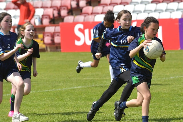 Gaelscoil na Daróige take on Long Tower in Celtic Park last week. Photo: George Sweeney.  DER2321GS – 148