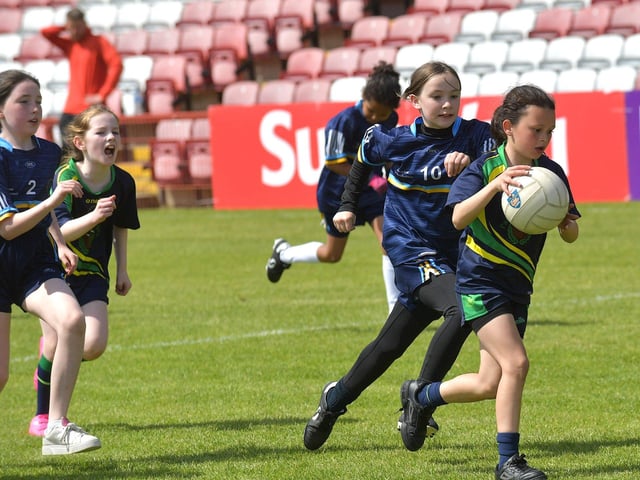 Gaelscoil na Daróige take on Long Tower in Celtic Park last week. Photo: George Sweeney. DER2321GS – 148