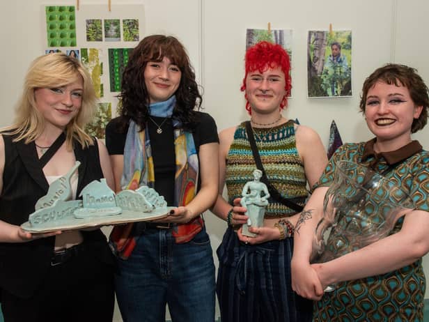 Prize winners at NWRC’s Art and Design Showcase: Sarah Cassidy, Jessica Underwood, Ellie Savage, and Caoimhe Stones.