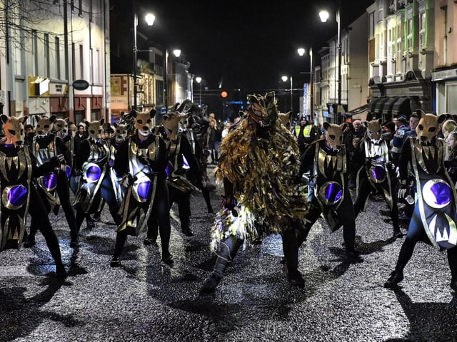 Dancing wolves roaming the Derry’s city centre on Wednesday evening. Photo: George Sweeney