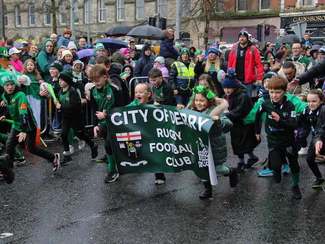Group from City of Derry Rugby Football Club taking part in the St. Patrick’s Day Parade. (Photo - Deirdre Heaney, nwpresspics)