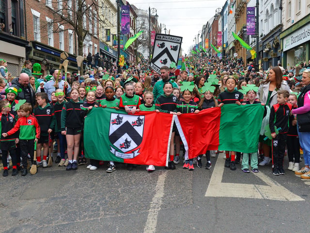 The Derry St Patrick’s Day parade makes its way towards the city centre on Monday afternoon. Photo: George Sweeney.
