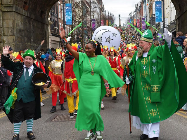 The Derry St Patrick’s Day parade makes its way towards the city centre on Monday afternoon. Photo: George Sweeney.