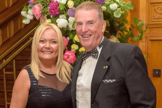 The Mayor Councillor Patricia Logue hosted the annual Mayor’s Ball in the Guildhall in aid of her chosen Charities the Foyle Hospice and Ryan McBride Foundation. Pictured at the event are guests, Pamela and Martin Mullan. Picture Martin McKeown. 24.05.24